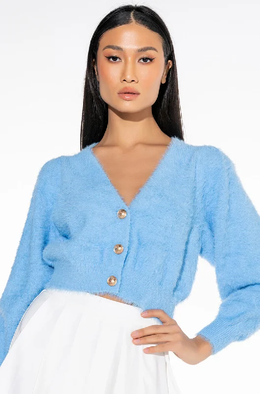 women's tops for cozy nights inPSA FUZZY CROPPED CARDIGAN