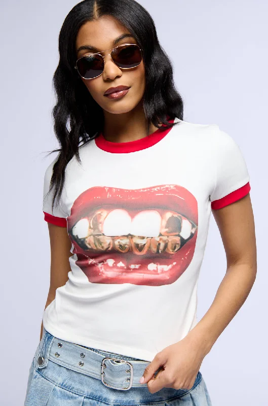 three-quarter sleeve women's topsGOLD GRILL GRAPHIC TEE