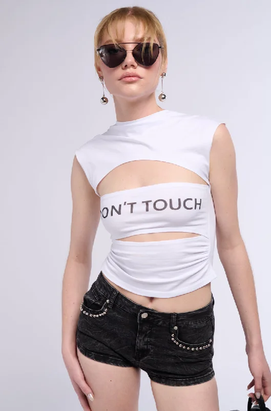 lace women's topsLOOK DONT TOUCH GRAPHIC CUTOUT TEE