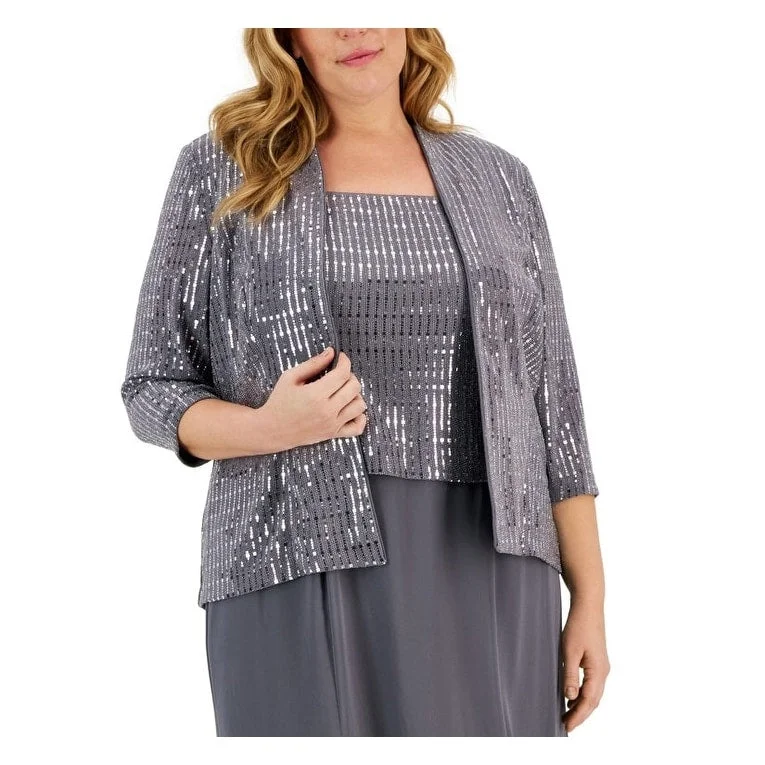 Shift DressAlex Evenings Women's Sequin Embellished Midi Dress With Jacket Gray Size 16W