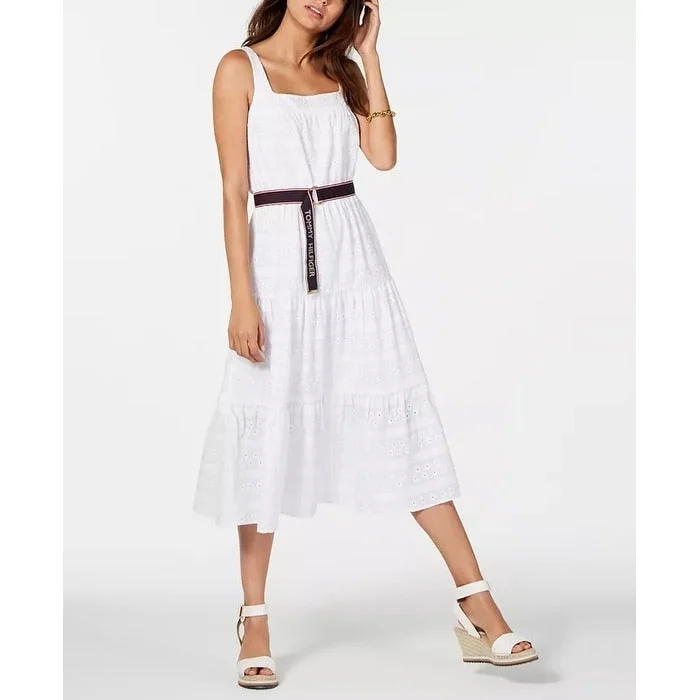 women's ruffle dressesTommy Hilfiger Women's Cotton Eyelet Midi Dress White Size 6