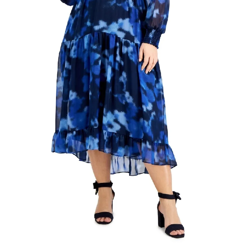 women's checkered dressesTaylor Women's Ruffle Hem Midi Dress Blue Size 16W