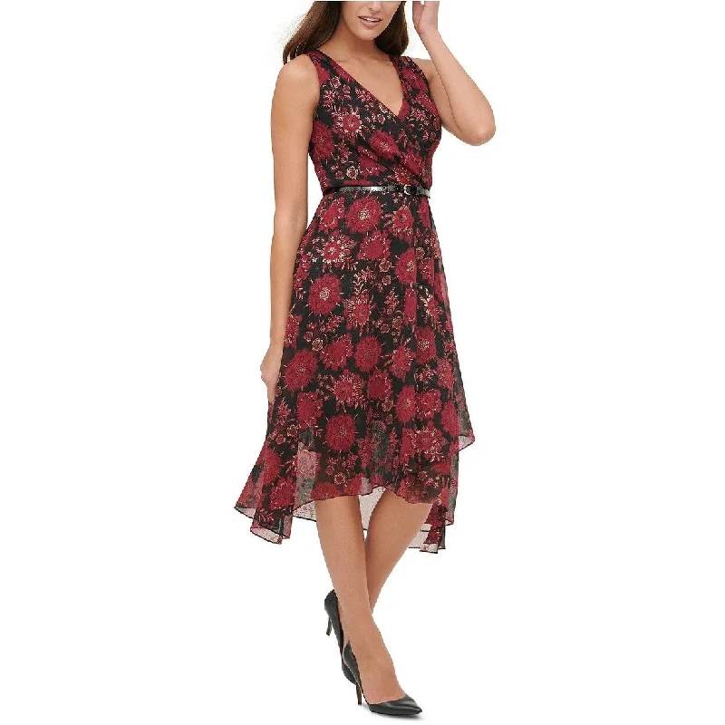 Denim DressTommy Hilfiger Women's Belted Floral Sleeveless V Neck Midi Sheath Dress Red Size 16