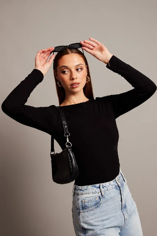 women's tops for those who want to create outfits that are both unique and memorableBlack Top Long Sleeve Boat Neck Modal