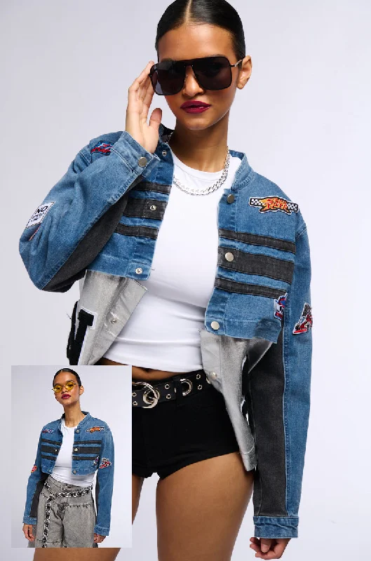 women's coats for relaxed weekendsRACING QUEEN DENIM TWO IN ONE BOMBER