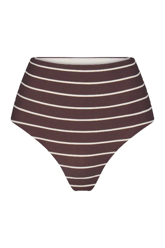 Flattering Female SwimwearHigh-Waist Bikini Bottom in Espresso Odd Stripes