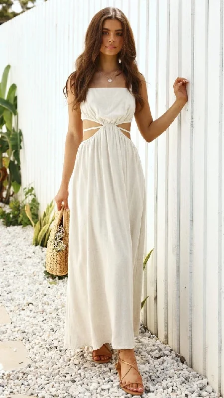 Zip-Up DressRachelle Linen Blend Cutout Halter Maxi Dress - Taupe