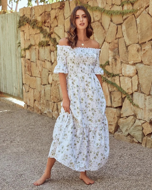 women's bell-sleeved dressesDasha Cotton Floral Off The Shoulder Maxi Dress - Sage - FINAL SALE