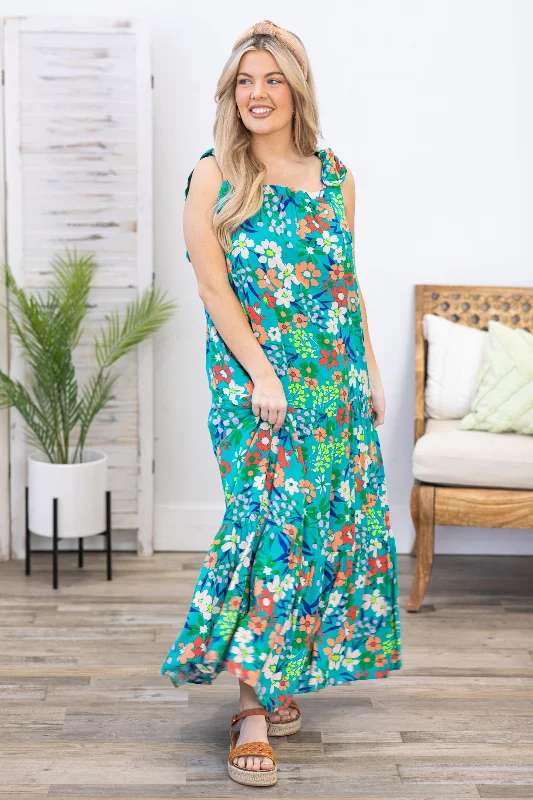 women's pear-shaped body dressesTeal Multicolor Floral Print Maxi Dress