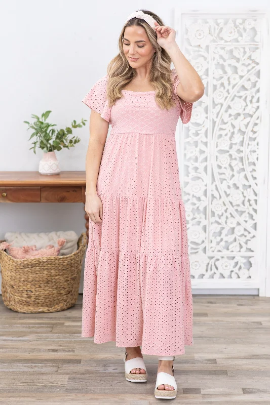 women's beach dressesDusty Pink Eyelet Square Neck Lace Maxi Dress