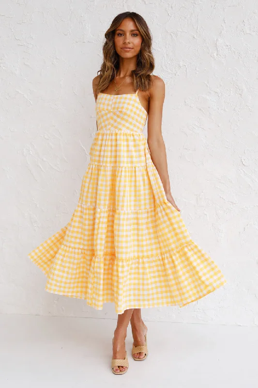 Striped DressKinslee Smocked Gingham High Low Maxi Dress - Yellow