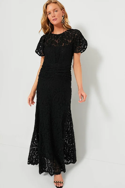 women's flowy dressesBlack Broderie Lace Maxi Dress