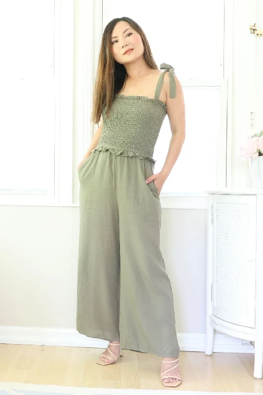 Petite DressPetite Smocked Wide Leg Casual Jumpsuit (OLIVE)