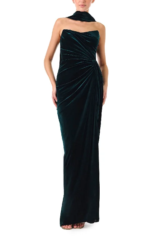 women's ruffle dressesStrapless Velour Gown With Scarf