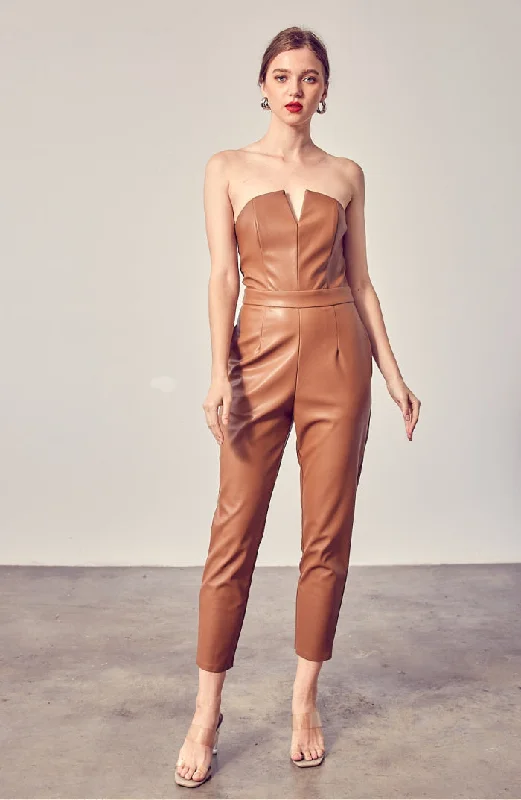 Fit-And-Flare DressFaux Leather Strapless Jumpsuit In Mocha