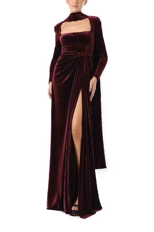 Laced-Up DressLong Sleeve Velour Gown With Scarf