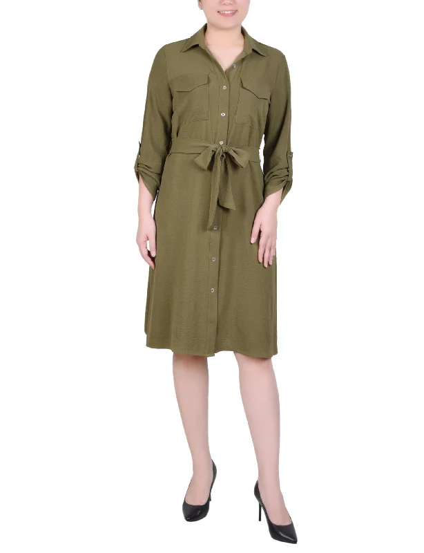 Velvet DressLong Roll Tab Sleeve Shirtdress