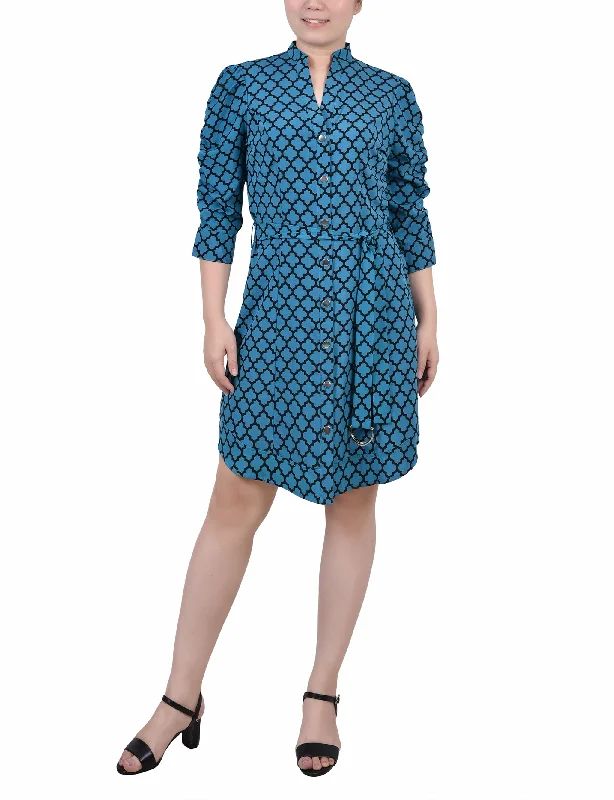 Peter Pan Collar Dress3/4 Rouched Sleeve Dress With Belt