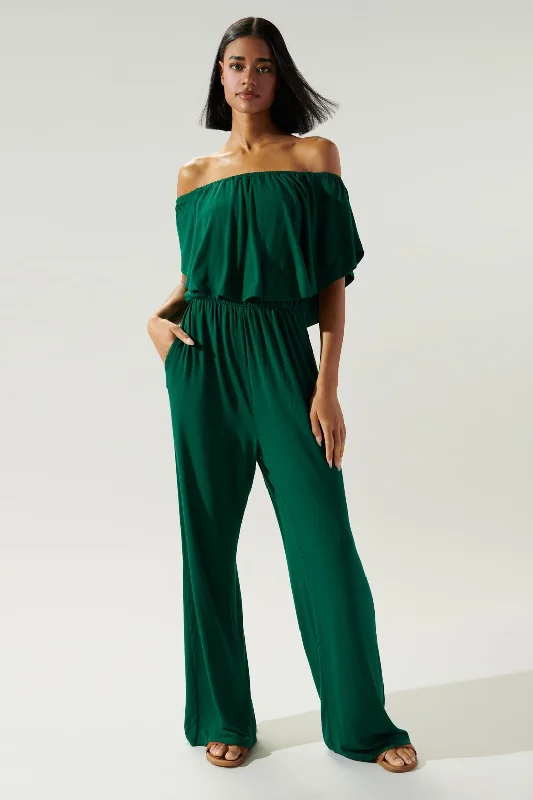 women's satin dressesSharpay Jersey Knit Off The Shoulder Jumpsuit | Emerald