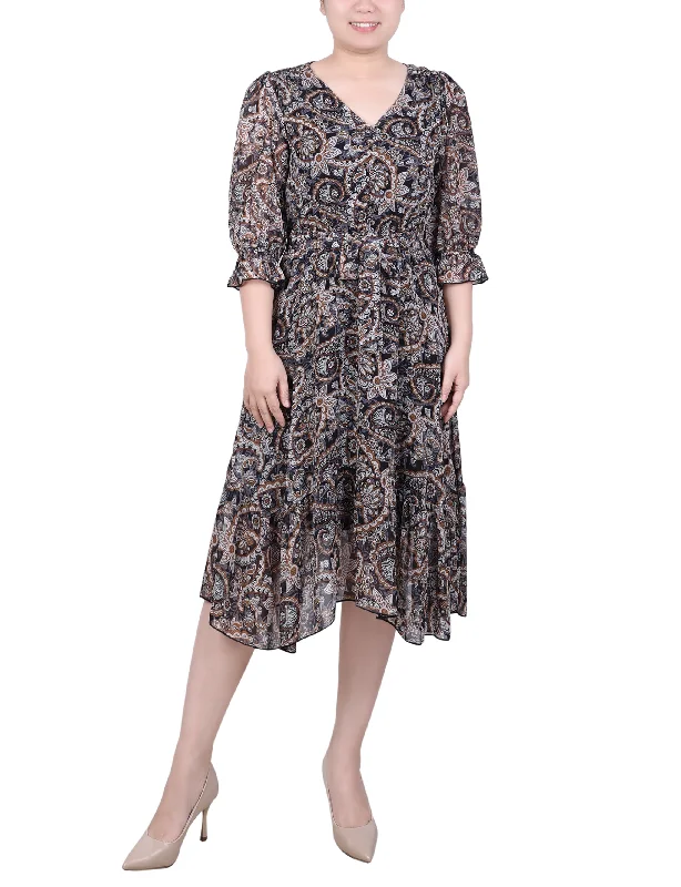 Pearl DressPetite 3/4 Sleeve V-Neck Flounced Dress