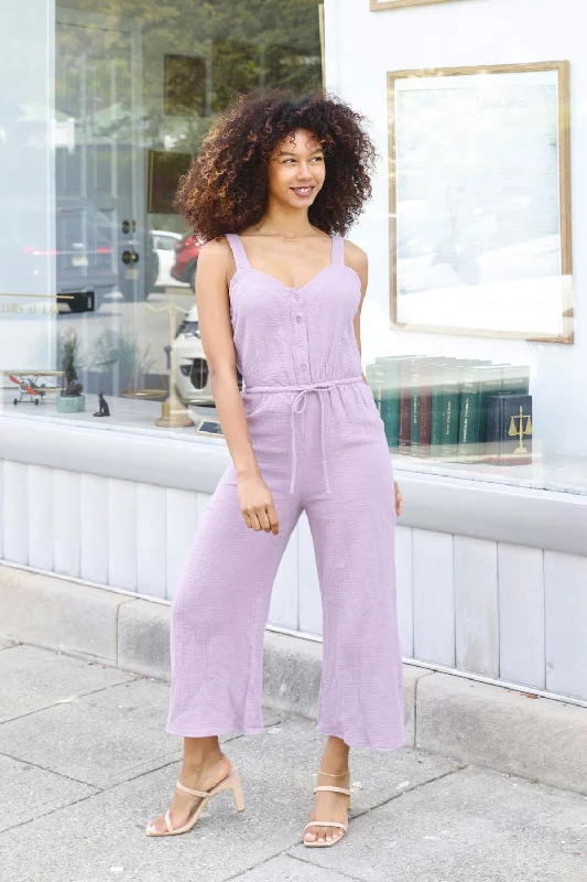 women's off-the-shoulder dressesPetite Cotton Button Up Jumpsuit (Lilac)