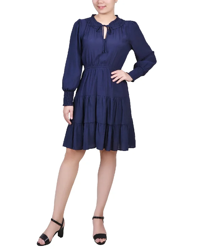 Casual DressPetite Long Sleeve Tiered Dress With Ruffled Neck