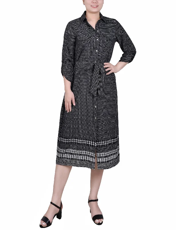 women's cinched-waist dressesPetite 3/4 Roll Tab Sleeve Belted Shirtdress