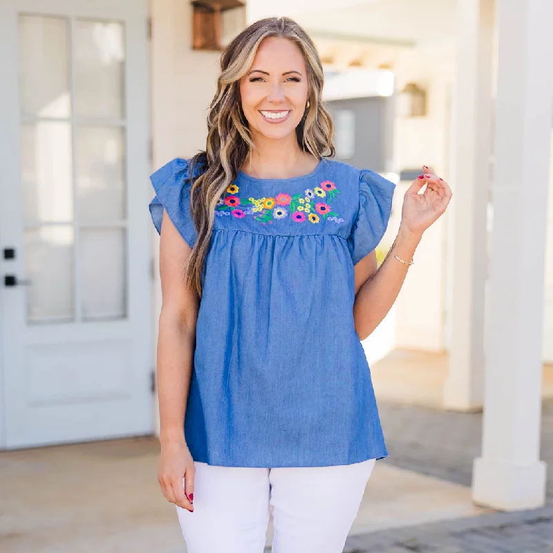 women's tops for boho-chic stylesLet's Go For A Picnic Top, Light Blue