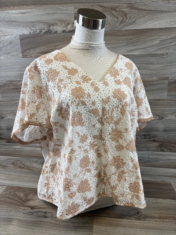 women's tops with asymmetrical designsTop Short Sleeve By Isaac Mizrahi Live Qvc In Tan & White, Size: 1x